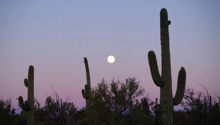 Full moon rising behind saguaro cactus silhouette, purple twilight sky, Sonoran Desert landscapeの素材