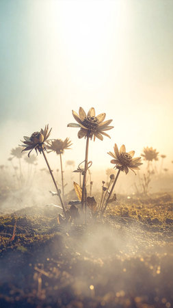 Photorealistic surreal garden of metallic flowers emitting soft steam, intricate machinery roots, glowing light reflections, no human presence, no text, large copy spaceの素材