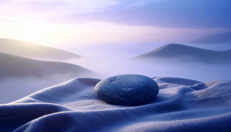 Realistic single smooth grey stone placed on wrinkled beige linen fabric with natural soft shadows, minimal calm compositionの素材