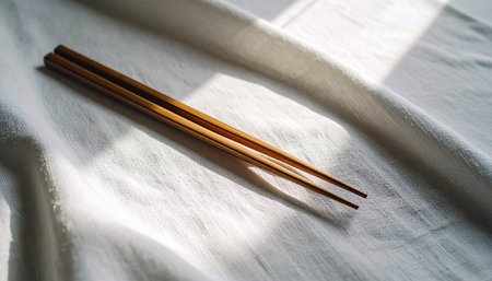 Realistic single light brown bamboo chopstick placed diagonally on soft wrinkled white linen fabric, natural morning light, minimal calm setupの素材