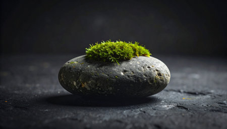 Realistic single smooth grey pebble with tiny green moss growing on top, placed on dark textured stone backgroundの素材