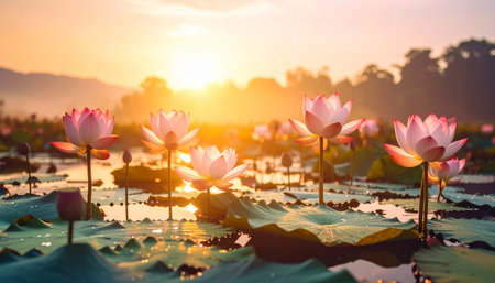 Pink and white lotus blossoms floating on still pond at sunrise, water droplets on leaves, Zen tranquility.の素材