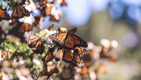 Oyamel fir trees covered in thousands of overwintering monarch butterflies, Mexico mountain forest.の素材