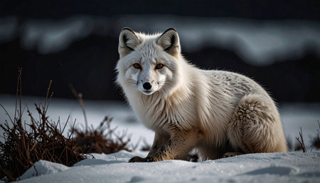 White arctic fox blending into snowy tundra, winter coat, alert expression, no humans.の素材