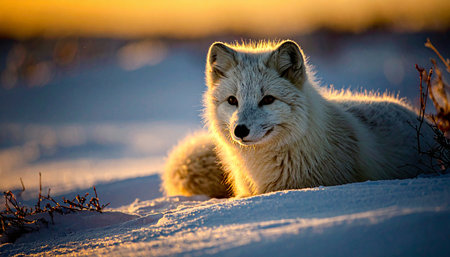 White arctic fox blending into snowy tundra, winter coat, alert expression, no humans.の素材