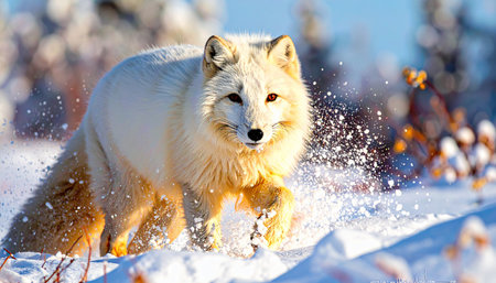 White arctic fox blending into snowy tundra, winter coat, alert expression, no humans.の素材