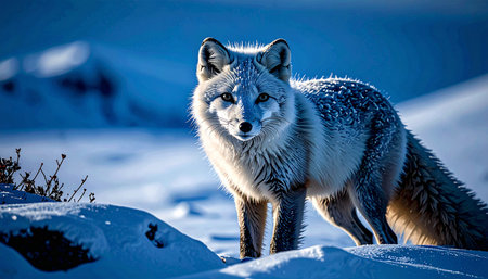 White arctic fox blending into snowy tundra, winter coat, alert expression, no humans.の素材