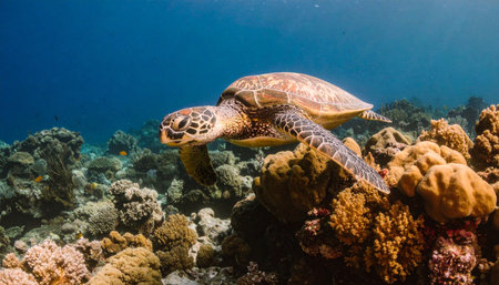 Green sea turtle swimming over colorful coral reef, clear blue water, marine biodiversity.の素材