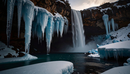 Blue ice formations on frozen waterfall, winter cold, dripping icicles, no human presence.の素材
