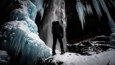 Blue ice formations on frozen waterfall, winter cold, dripping icicles, no human presence.の素材