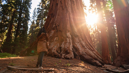 Human for scale perspective at base of massive sequoia tree, sunlight beams through forest.の素材
