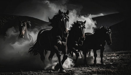 Herd of wild mustangs running on mountain prairie, dust clouds, freedom symbolism.の素材