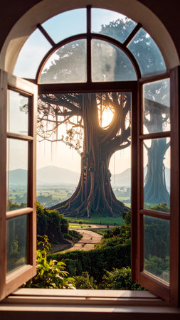 Photorealistic surreal biome combining industrial machinery with metallic trees and climbing vines, soft ambient glow, no human presence, no text, wide copy spaceの素材