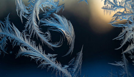 Intricate ice crystal formations on frozen windowpane, abstract macro photography, cold morning light.の素材