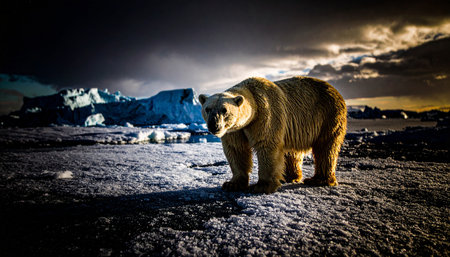 Lone polar bear walking on melting sea ice, cracked blue glaciers background, climate change symbolism, photorealistic wildlife.の素材