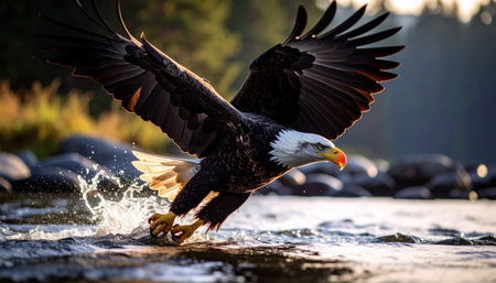 Bald eagle diving toward river surface to catch salmon, pine forest shoreline, dawn light.の素材