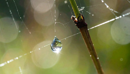 Macro shot of dew droplet hanging on intricate spider web, morning sunlight refraction.の素材