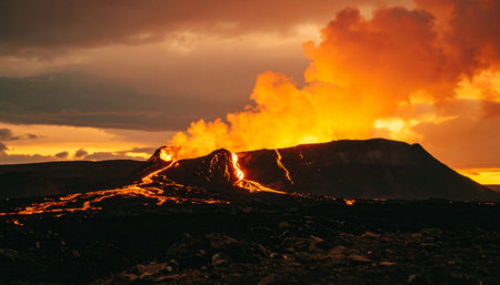 Dark volcanic ash storm sweeping across barren landscape, dramatic skies, no life visible.の素材
