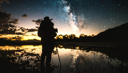 Star filled sky mirrored on Uyuni salt flats, geometric patterns, no light pollution. Surreal Salar de Uyuni  concept.の素材