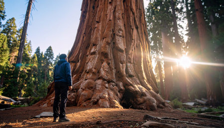 Human for scale perspective at base of massive sequoia tree, sunlight beams through forest.の素材