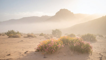 Rare desert wildflowers blooming across arid landscape after rainstorm, vibrant colors, no humans.の素材