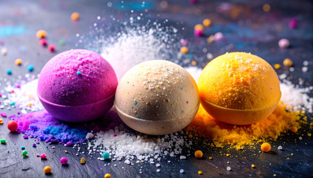 Three round vegan shampoo bars arranged on natural stone textured background, minimalist styling, neutral earthy tones, clean modern aesthetic, no humans, no text.の素材