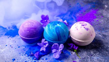 Three round vegan shampoo bars arranged on natural stone textured background, minimalist styling, neutral earthy tones, clean modern aesthetic, no humans, no text.の素材