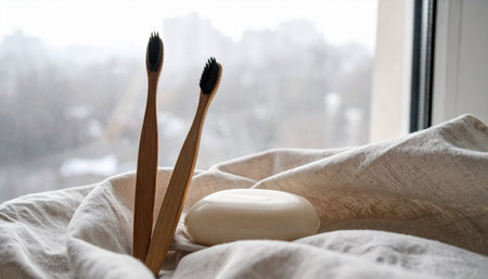 Two bamboo toothbrushes and oval vegan soap bar arranged on beige linen fabric, minimal natural composition, soft daylight, no humans, no text.の素材