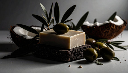 Solid vegan balm bar placed with coconut shell pieces and fresh green olives, clean white background, natural skincare concept, no humans, no text.の素材