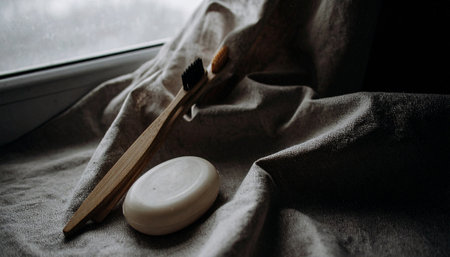 Two bamboo toothbrushes and oval vegan soap bar arranged on beige linen fabric, minimal natural composition, soft daylight, no humans, no text.の素材