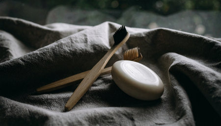 Two bamboo toothbrushes and oval vegan soap bar arranged on beige linen fabric, minimal natural composition, soft daylight, no humans, no text.の素材