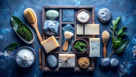 Top view flat lay of vegan skincare routine products including soap bar, balm, wooden brush on natural stone slab, neutral background, no humans, no text.の素材
