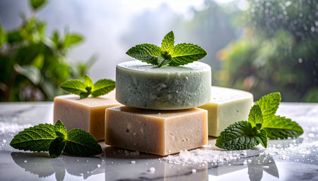 Three solid vegan shampoo bars with scattered fresh mint leaves on marble background, clean green-themed styling, no humans, no text.の素材