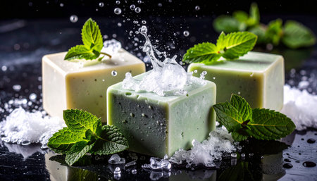 Three solid vegan shampoo bars with scattered fresh mint leaves on marble background, clean green-themed styling, no humans, no text.の素材