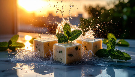Three solid vegan shampoo bars with scattered fresh mint leaves on marble background, clean green-themed styling, no humans, no text.の素材