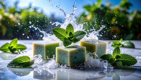 Three solid vegan shampoo bars with scattered fresh mint leaves on marble background, clean green-themed styling, no humans, no text.の素材