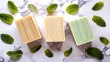 Three solid vegan shampoo bars with scattered fresh mint leaves on marble background, clean green-themed styling, no humans, no text.の素材