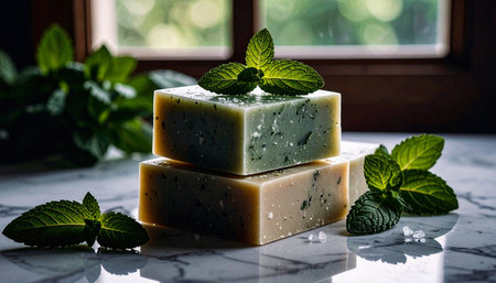 Three solid vegan shampoo bars with scattered fresh mint leaves on marble background, clean green-themed styling, no humans, no text.の素材