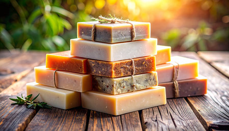 Neatly stacked vegan skincare soap bars on rustic wooden plank background, natural warm tones, minimalist styling, no humans, no text.の素材