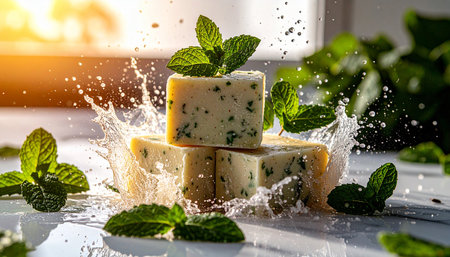 Three solid vegan shampoo bars with scattered fresh mint leaves on marble background, clean green-themed styling, no humans, no text.の素材