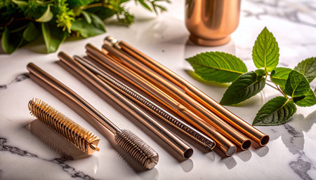 Set of metal reusable straws with cleaning brush arranged on white marble surface, minimalist eco friendly zero waste concept, no humans, no text.の素材