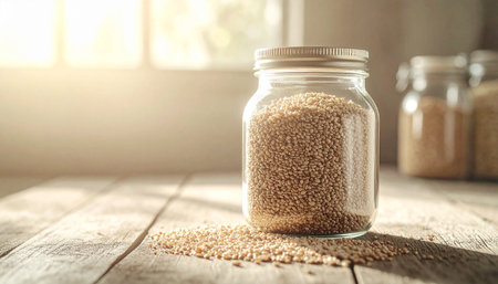Glass jar filled with assorted organic grains placed on rustic wooden surface, zero waste pantry concept, warm natural lighting, no humans, no text.の素材