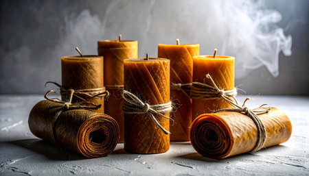 Rolled beeswax wraps tied neatly with natural jute string on white textured background, minimalist zero waste food storage concept, no humans, no text.の素材
