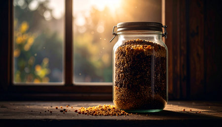 Glass jar filled with assorted organic grains placed on rustic wooden surface, zero waste pantry concept, warm natural lighting, no humans, no text.の素材