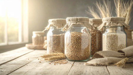 Glass jar filled with assorted organic grains placed on rustic wooden surface, zero waste pantry concept, warm natural lighting, no humans, no text.の素材