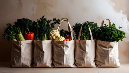 Reusable cotton produce bags filled with fresh vegetables arranged on light beige background, zero waste eco friendly concept, no humans, no text.の素材