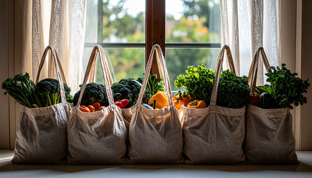Reusable cotton produce bags filled with fresh vegetables arranged on light beige background, zero waste eco friendly concept, no humans, no text.の素材