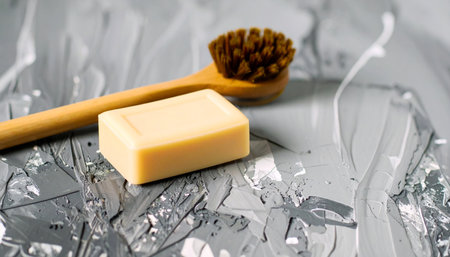 Solid vegan dish soap bar with wooden dish brush placed on grey stone surface, minimalist zero waste kitchen concept, no humans, no text.の素材