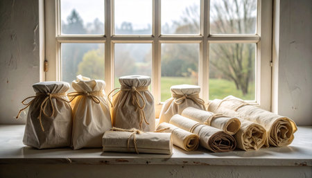Rolled beeswax wraps tied neatly with natural jute string on white textured background, minimalist zero waste food storage concept, no humans, no text.の素材