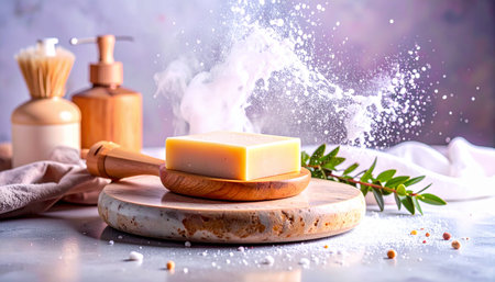 Solid vegan dish soap bar with wooden dish brush placed on grey stone surface, minimalist zero waste kitchen concept, no humans, no text.の素材